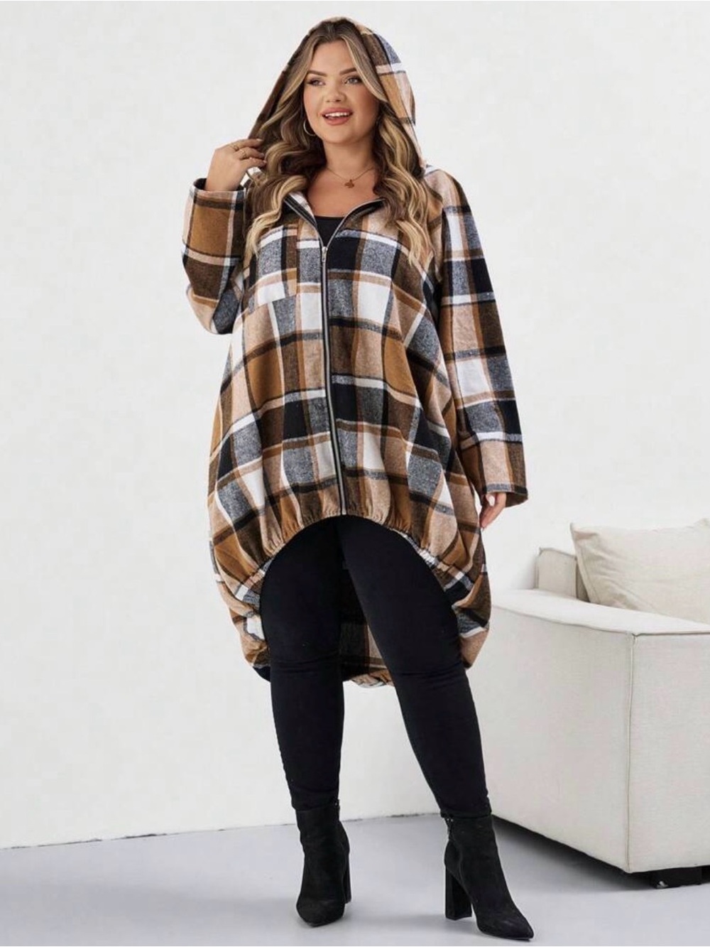 Cozy Plaid Hooded Zip-Up Tunic Jacket - Brown Black White
